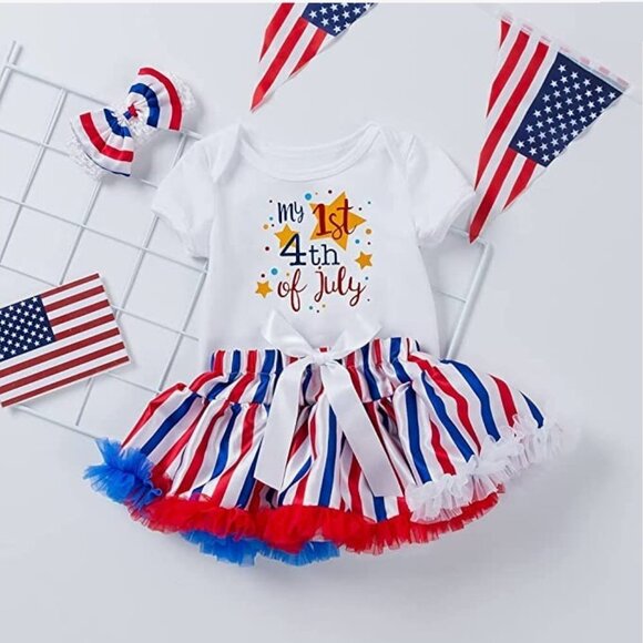 My 1st 4th of July Outfit 3PCS Tutu Skirt Set, Short Sleeve Romper w/Tulle Skirt - Picture 3 of 11